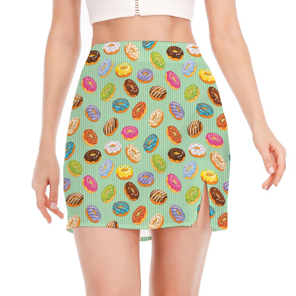 Green Striped Donut Pattern Print Side Slit Mini Skirt