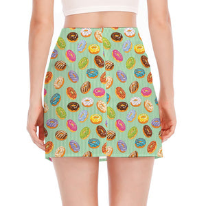 Green Striped Donut Pattern Print Side Slit Mini Skirt