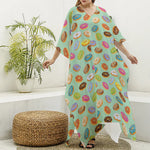 Green Striped Donut Pattern Print Silk V-Neck Kaftan Dress