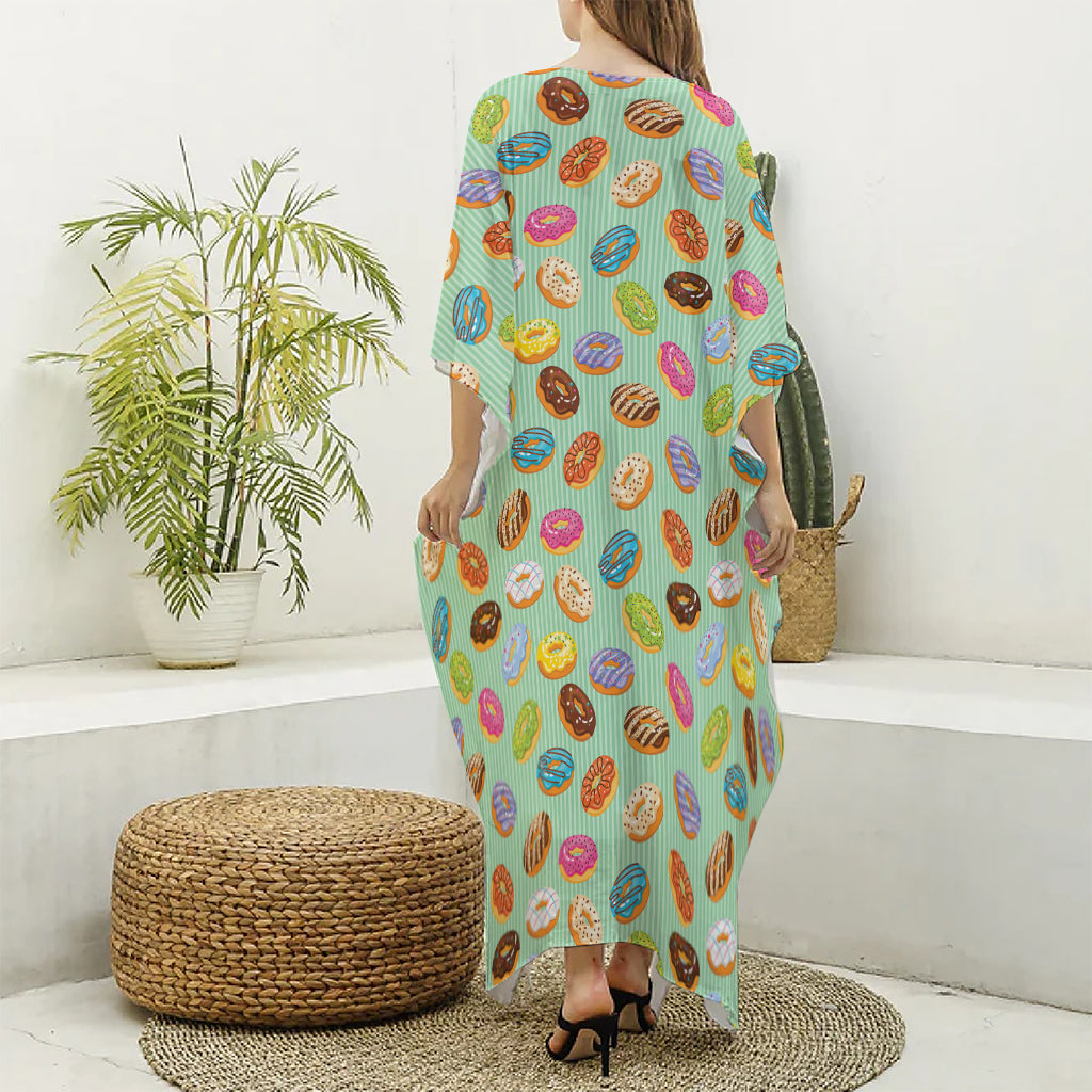 Green Striped Donut Pattern Print Silk V-Neck Kaftan Dress