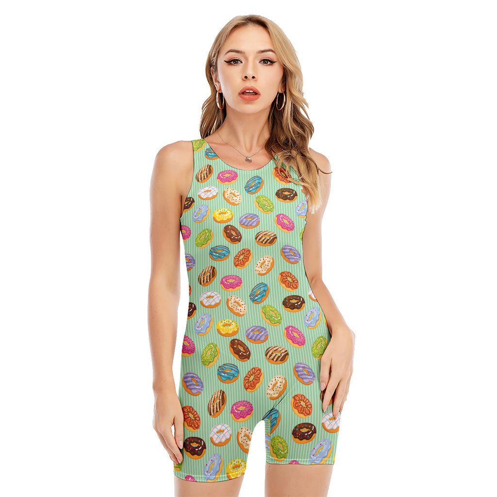 Green Striped Donut Pattern Print Sleeveless One Piece Swimsuit