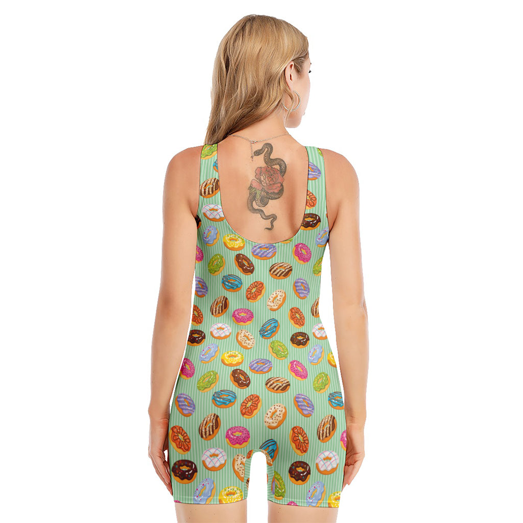 Green Striped Donut Pattern Print Sleeveless One Piece Swimsuit