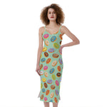 Green Striped Donut Pattern Print Slim Fit Midi Cami Dress