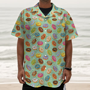 Green Striped Donut Pattern Print Textured Short Sleeve Shirt