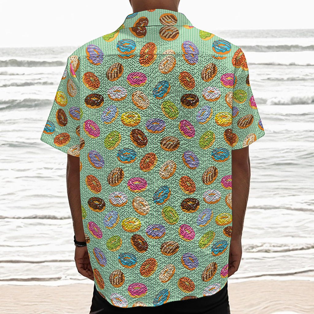 Green Striped Donut Pattern Print Textured Short Sleeve Shirt