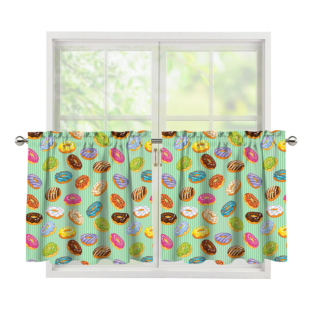 Green Striped Donut Pattern Print Tier Curtains