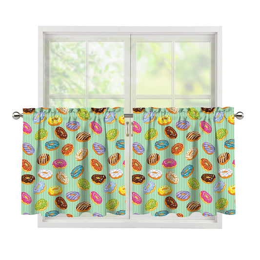 Green Striped Donut Pattern Print Tier Curtains