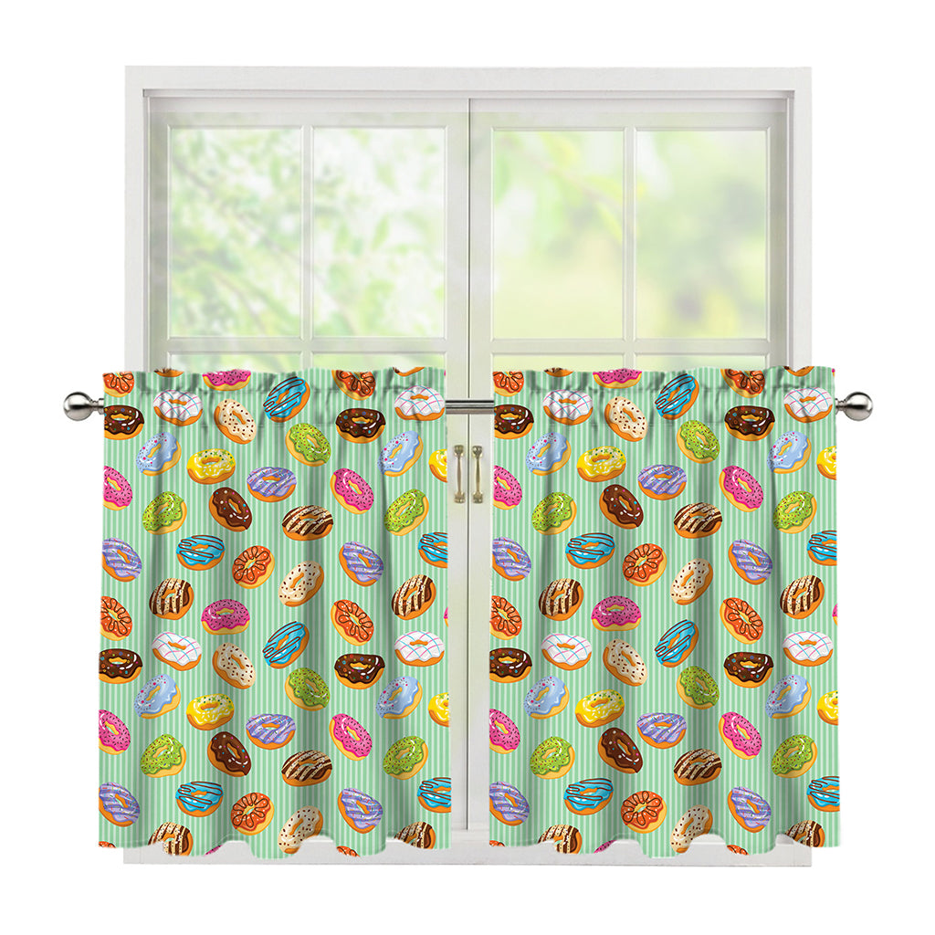 Green Striped Donut Pattern Print Tier Curtains