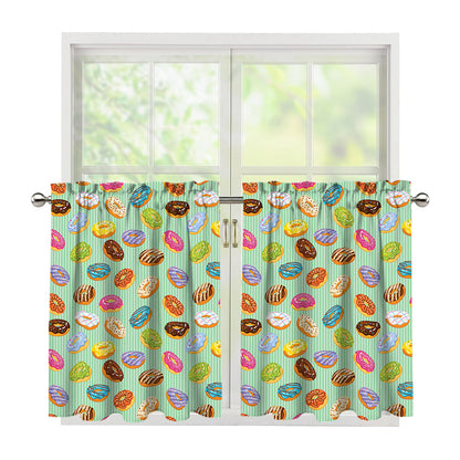 Green Striped Donut Pattern Print Tier Curtains