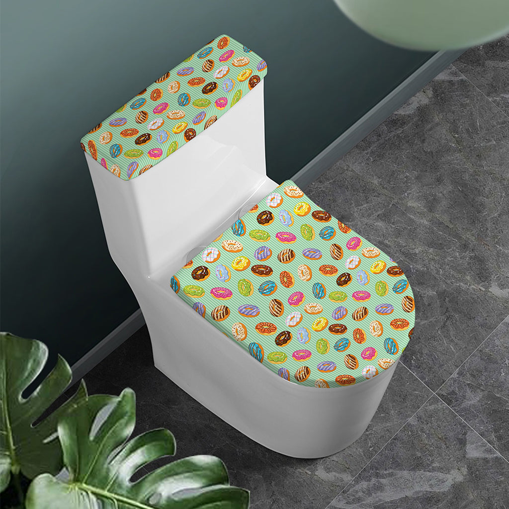 Green Striped Donut Pattern Print Toilet Lid And Tank Cover Set