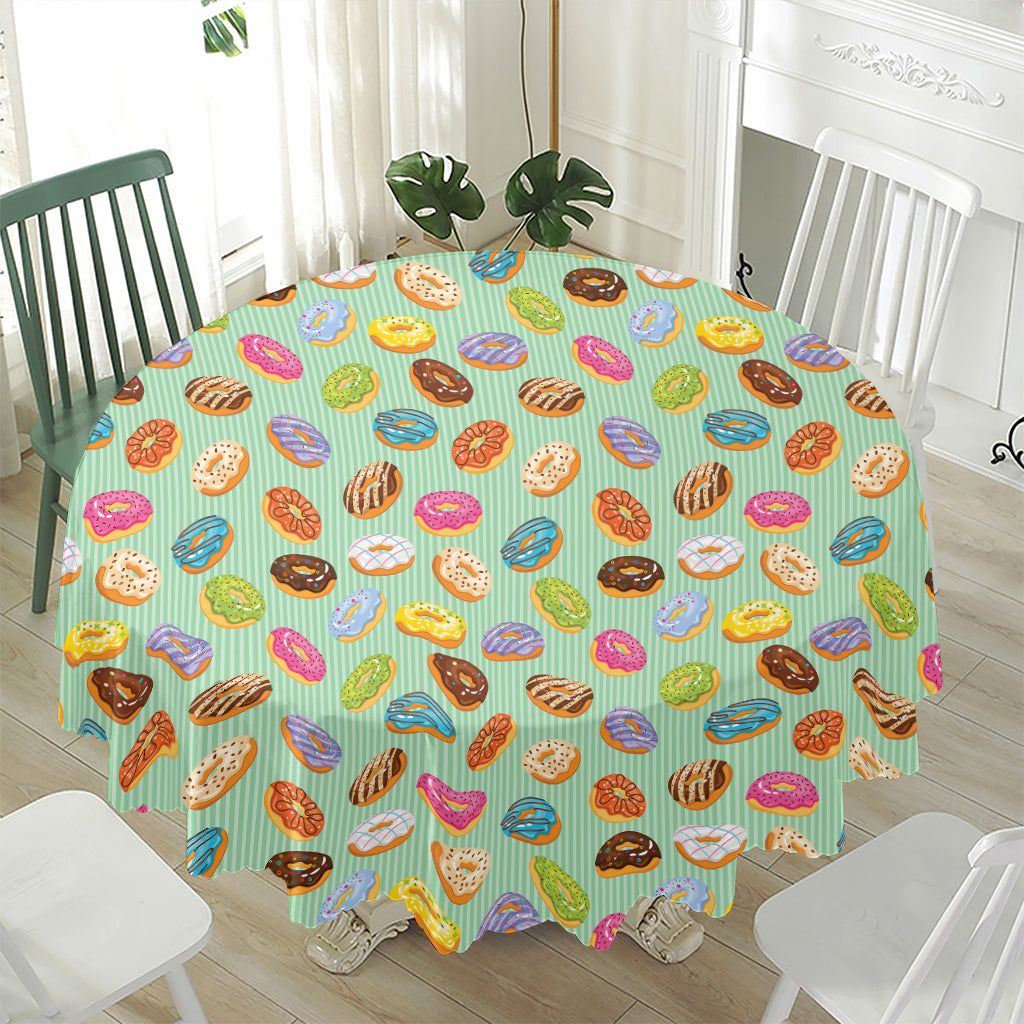 Green Striped Donut Pattern Print Waterproof Round Tablecloth