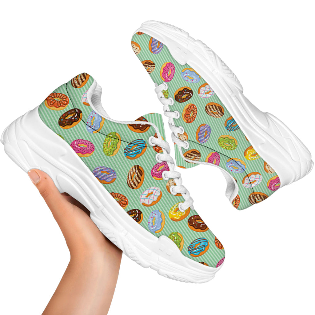 Green Striped Donut Pattern Print White Chunky Shoes