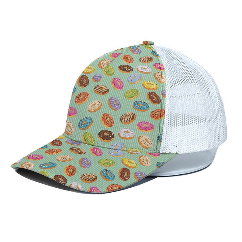 Green Striped Donut Pattern Print White Mesh Trucker Cap