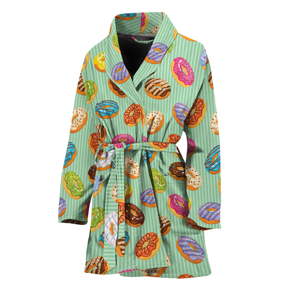 Green Striped Donut Pattern Print Women's Bathrobe