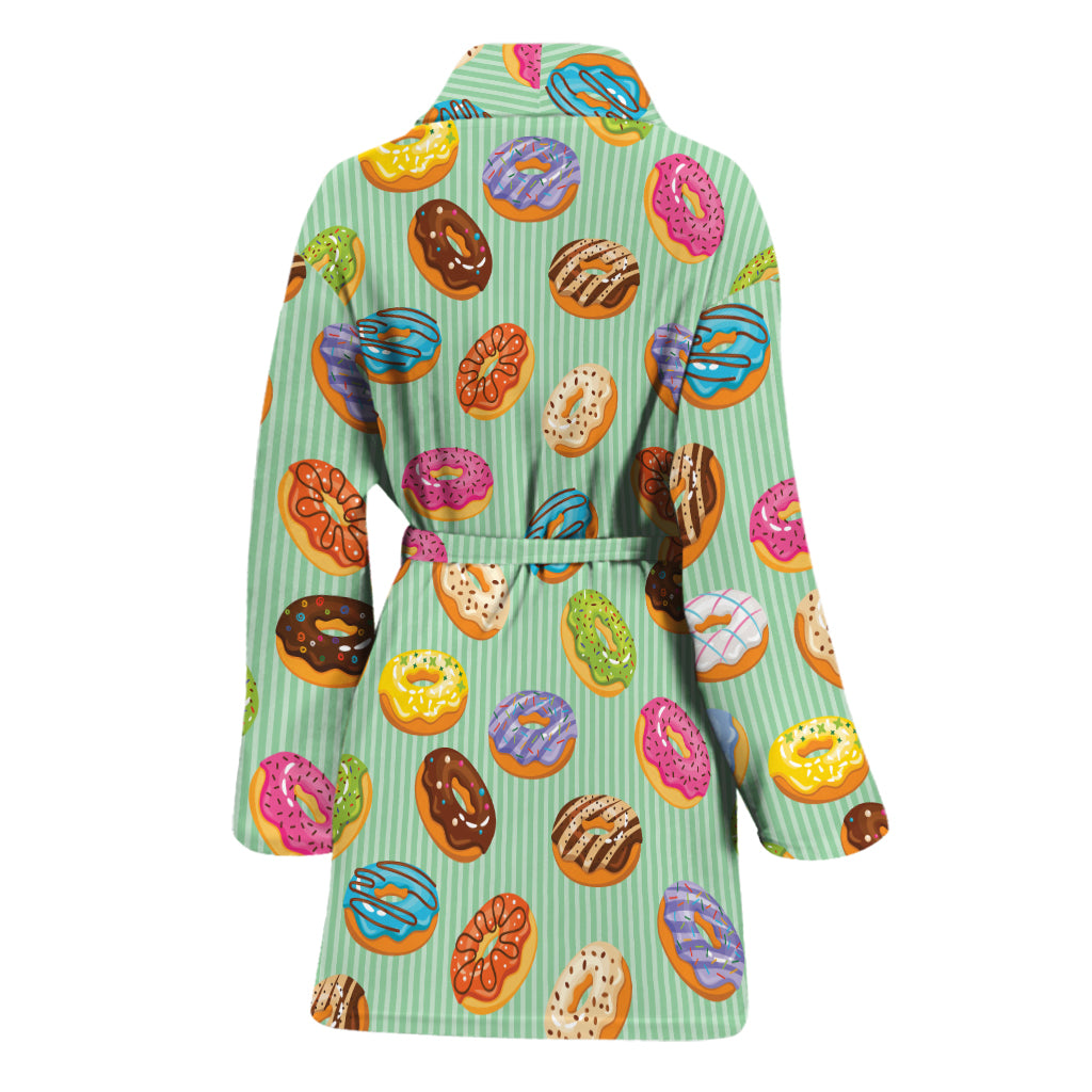 Green Striped Donut Pattern Print Women's Bathrobe