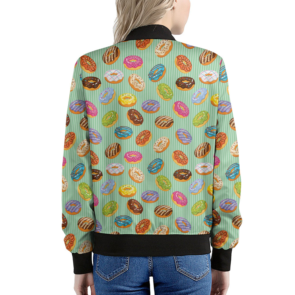 Green Striped Donut Pattern Print Women's Bomber Jacket