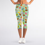 Green Striped Donut Pattern Print Women's Capri Leggings