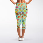 Green Striped Donut Pattern Print Women's Capri Leggings