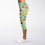 Green Striped Donut Pattern Print Women's Capri Leggings