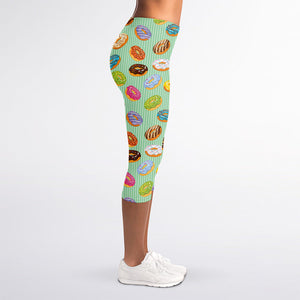 Green Striped Donut Pattern Print Women's Capri Leggings