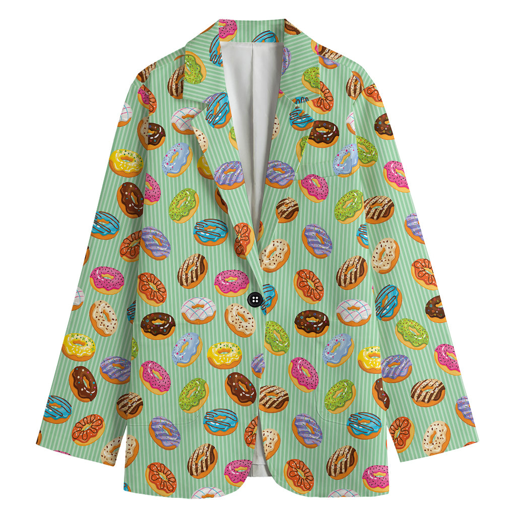 Green Striped Donut Pattern Print Women's Cotton Blazer