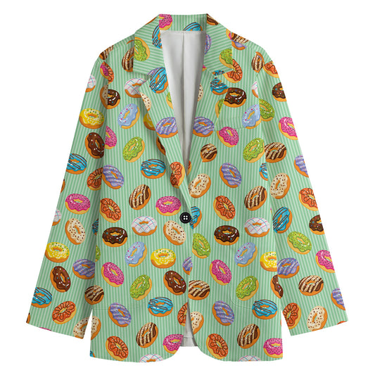 Green Striped Donut Pattern Print Women's Cotton Blazer