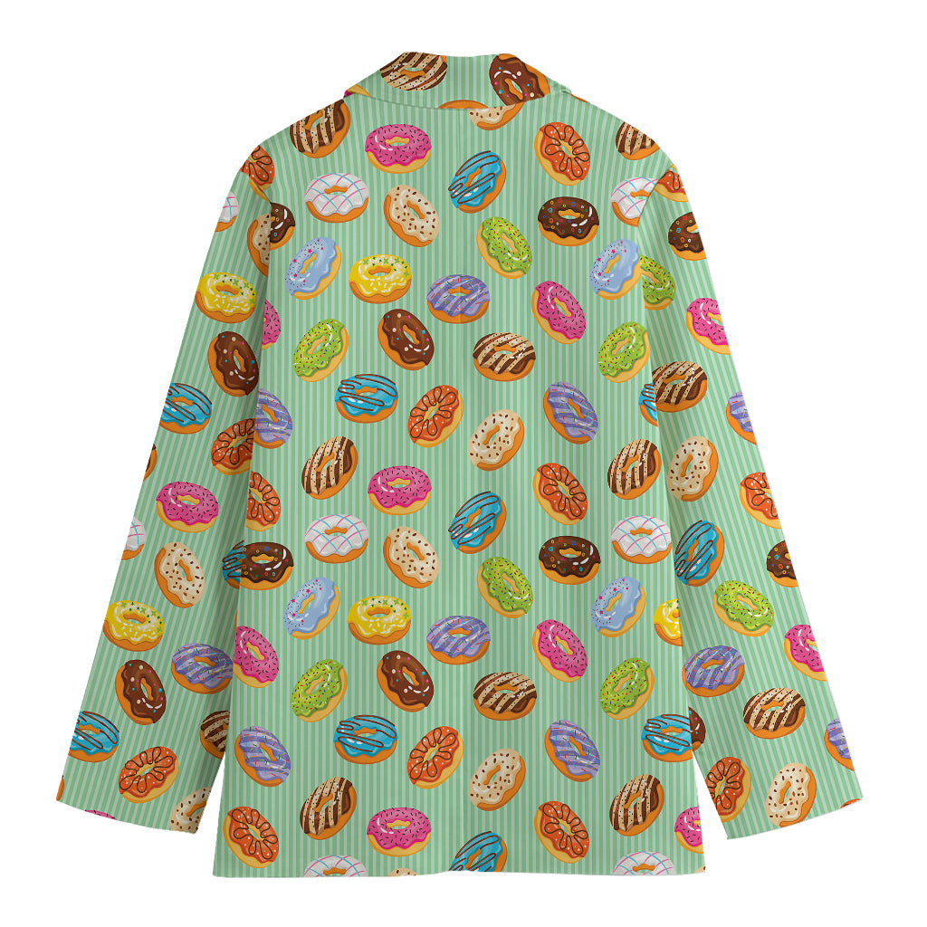 Green Striped Donut Pattern Print Women's Cotton Blazer