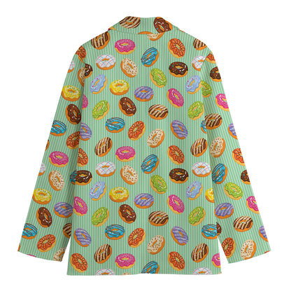 Green Striped Donut Pattern Print Women's Cotton Blazer