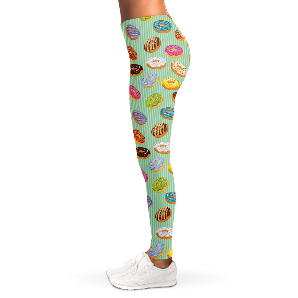 Green Striped Donut Pattern Print Women's Leggings