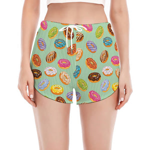 Green Striped Donut Pattern Print Women's Split Running Shorts