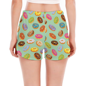 Green Striped Donut Pattern Print Women's Split Running Shorts