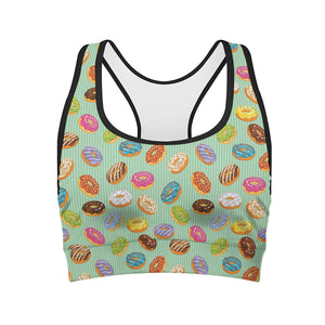 Green Striped Donut Pattern Print Women's Sports Bra