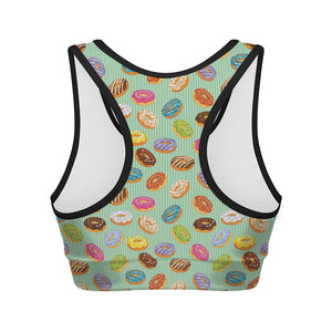 Green Striped Donut Pattern Print Women's Sports Bra