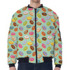 Green Striped Donut Pattern Print Zip Sleeve Bomber Jacket