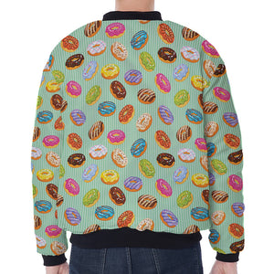 Green Striped Donut Pattern Print Zip Sleeve Bomber Jacket