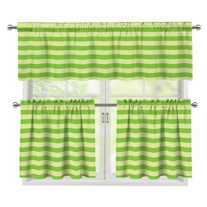 Green Striped Pattern Print 3 Piece Kitchen Curtains