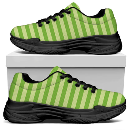 Green Striped Pattern Print Black Chunky Shoes