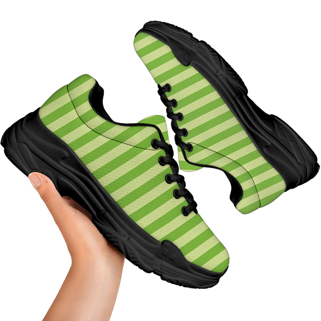 Green Striped Pattern Print Black Chunky Shoes