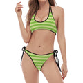 Green Striped Pattern Print Halter Scoop Tie Side Bikini