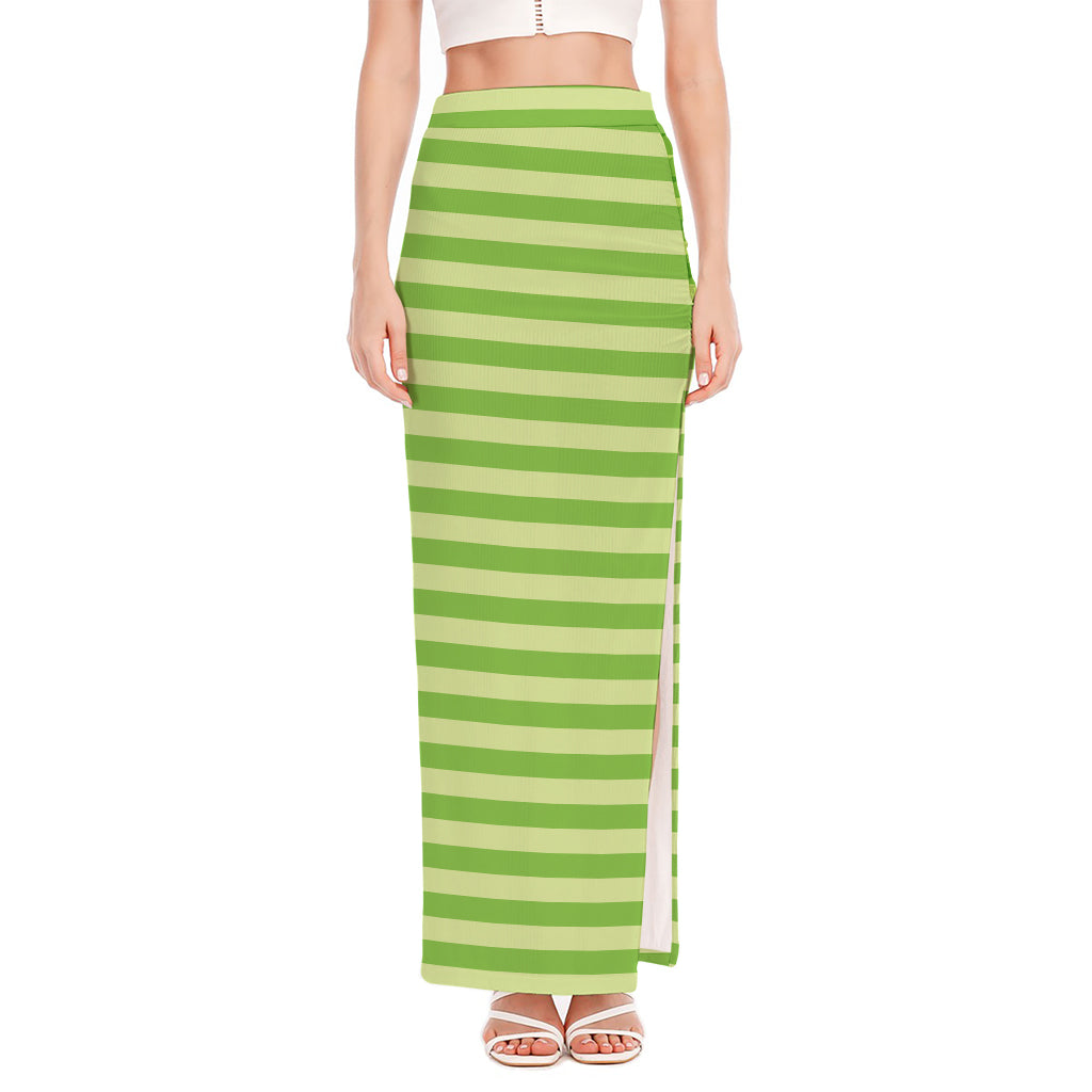 Green Striped Pattern Print High Slit Maxi Skirt