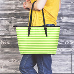 Green Striped Pattern Print Leather Tote Bag