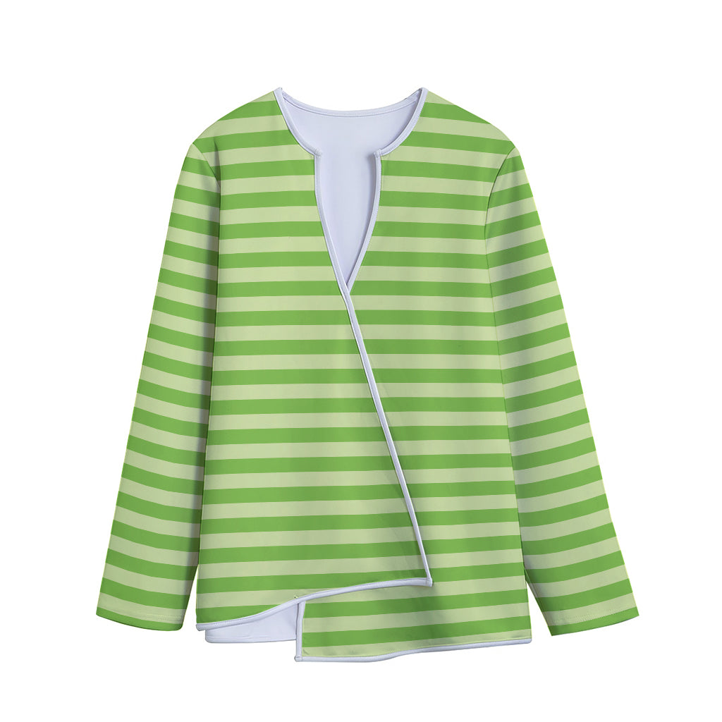 Green Striped Pattern Print Long Sleeve Short Coat