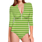 Green Striped Pattern Print Long Sleeve Swimsuit