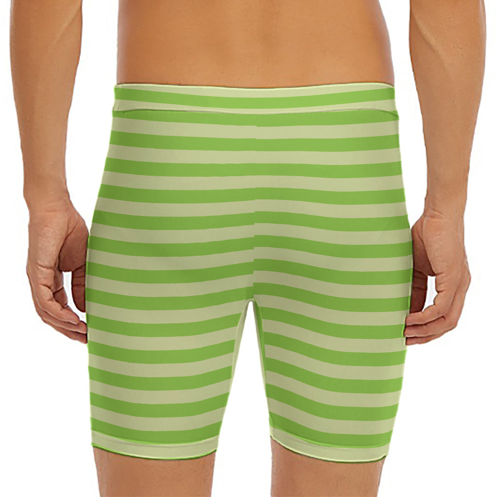Green Striped Pattern Print Men's Long Boxer Briefs