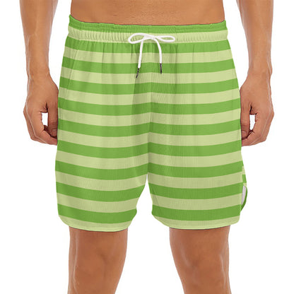 Green Striped Pattern Print Men's Split Running Shorts
