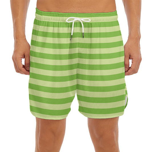 Green Striped Pattern Print Men's Split Running Shorts