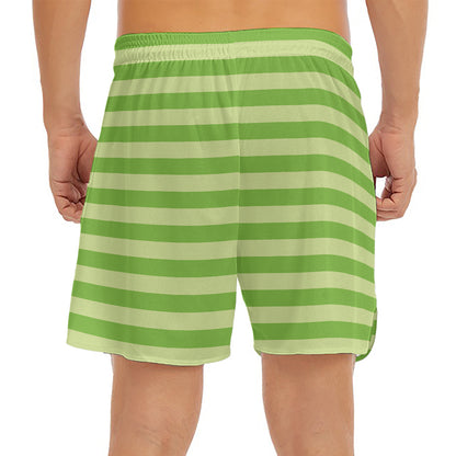 Green Striped Pattern Print Men's Split Running Shorts