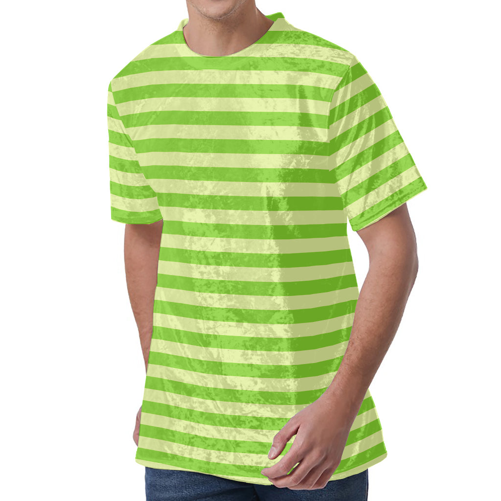 Green Striped Pattern Print Men's Velvet T-Shirt