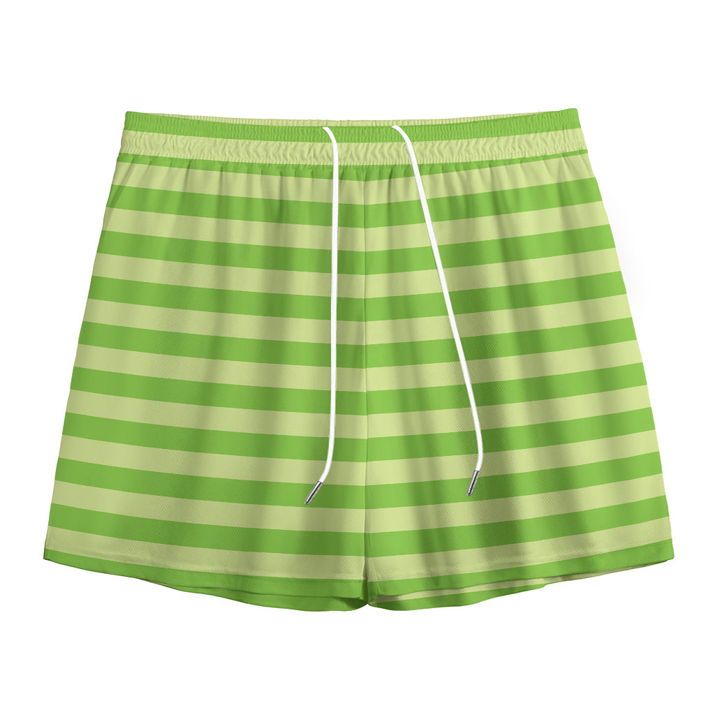Green Striped Pattern Print Mesh Shorts