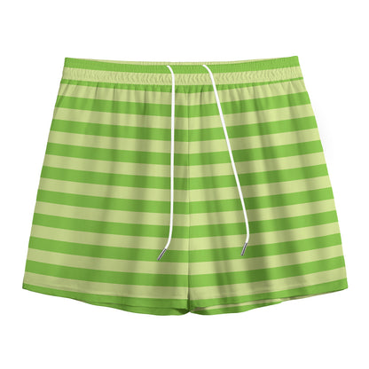 Green Striped Pattern Print Mesh Shorts